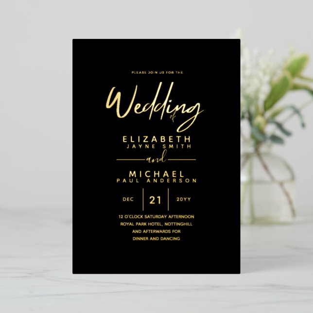 Invitation En Aluminium Rustic GOLD FOIL Texte Mariage noir élégant (Debout devant)