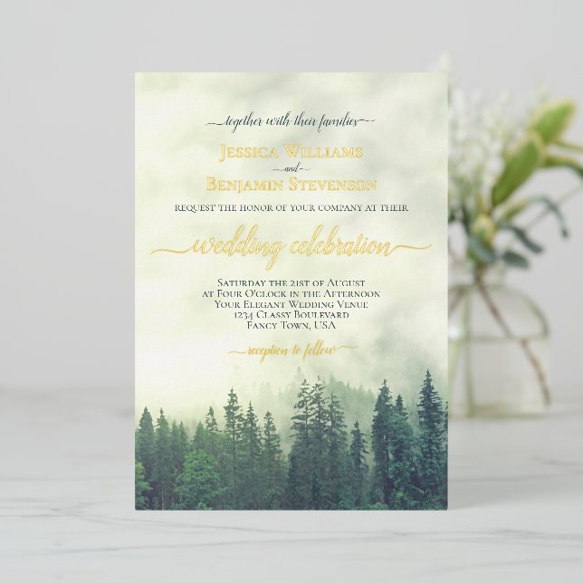 Invitation En Aluminium Rustic Green Pine Trees Elegant Wedding  (Debout devant)