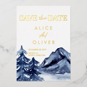 Invitation En Aluminium Rustic Navy Blue Trees Mountain Enregistrer la dat