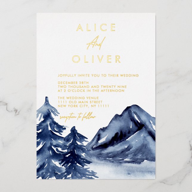 Invitation En Aluminium Rustic Navy Blue Trees Mountain Winter Wedding (Recto)