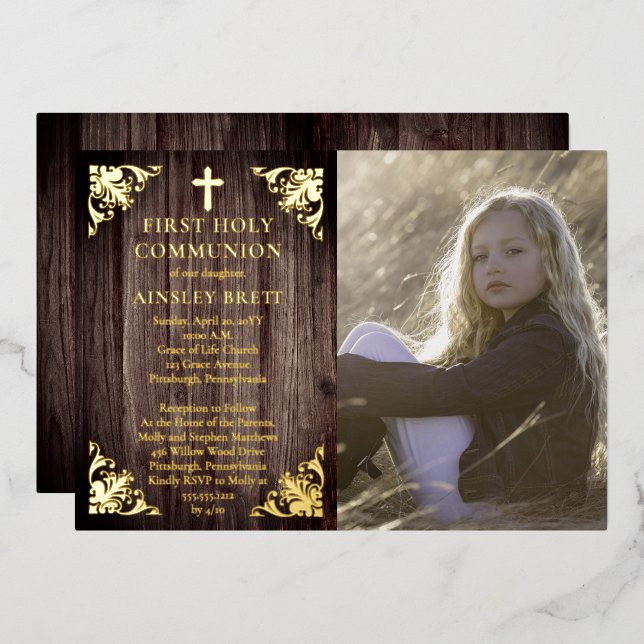 Invitation En Aluminium Rustic Wood Girl Photo First Holy Communion - Or (Recto/Verso)
