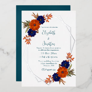Invitation En Aluminium Rustique Automne Orange Navy Bleu Floral Fiançaill
