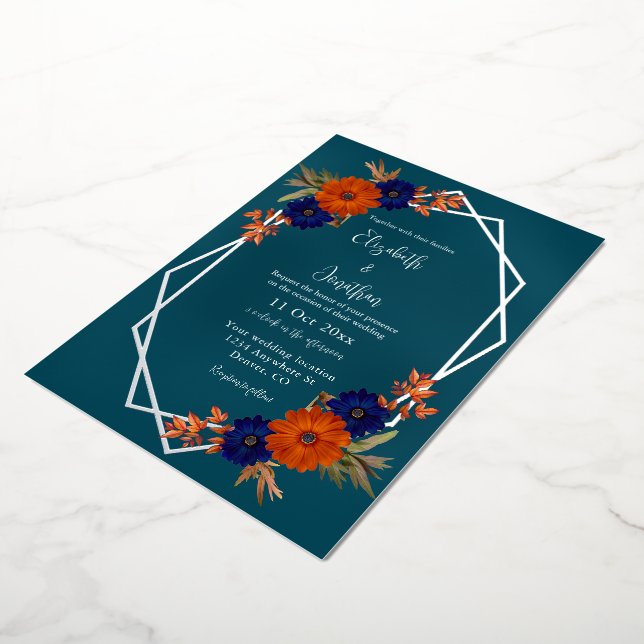 Invitation En Aluminium Rustique Automne Orange Navy Bleu Floral Mariage (Rotation)