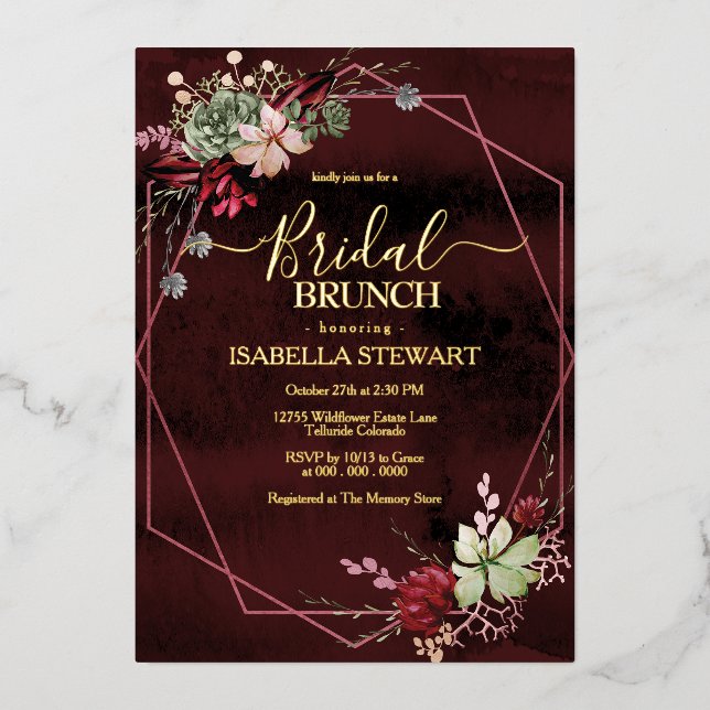 Invitation En Aluminium Rustique Bourgogne Aquarelle Fleurs Brunch nuptial (Recto)