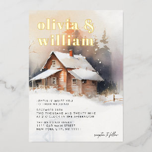 Invitation En Aluminium Rustique Cabine aquarelle Mariage d'hiver