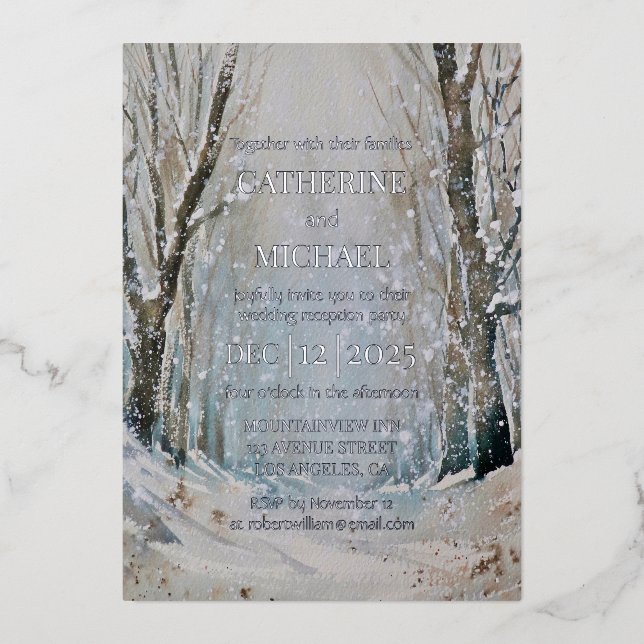 Invitation En Aluminium Rustique Dusty Blue Winter Forest Mariage d'aquare (Recto)