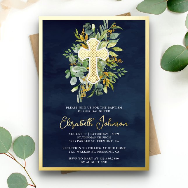 Invitation En Aluminium Rustique Eucalyptus Verdure Baptême Bleu Nuit Or (Créateur téléchargé)