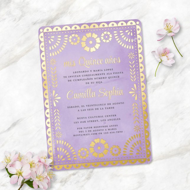 Invitation En Aluminium Rustique Papel Picado Purple Gold Quinceañera (Créateur téléchargé)