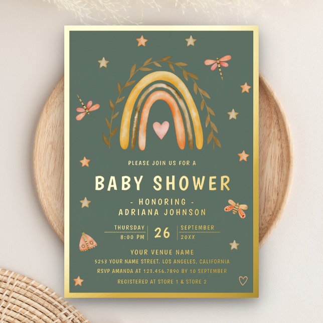 Invitation En Aluminium Rustique Sage Green Earthy Rainbow Baby shower Or (Créateur téléchargé)