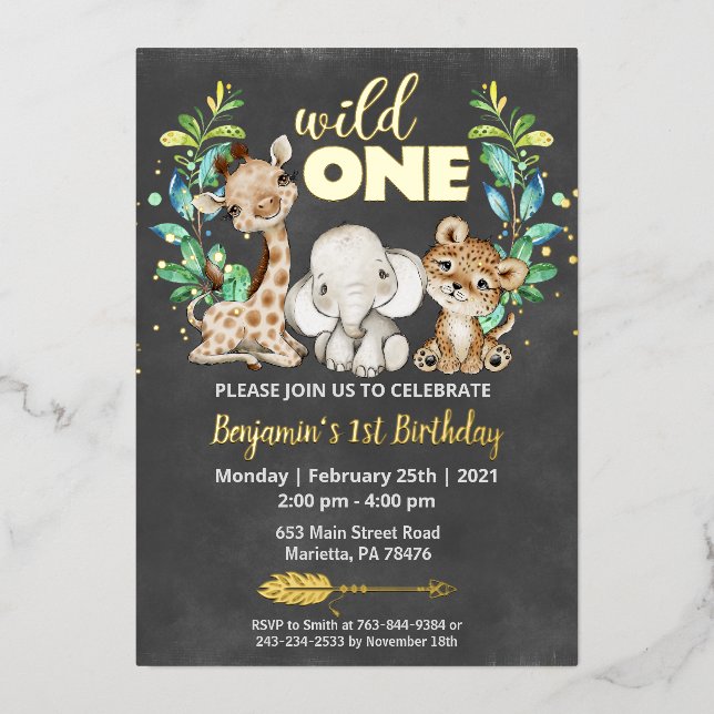 Invitation En Aluminium Safari Wild One Birthday Party Real (Recto)