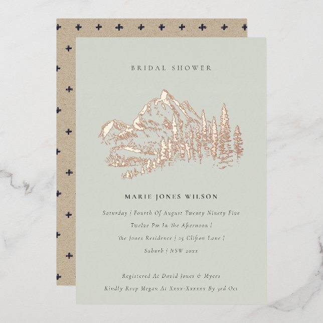 Invitation En Aluminium Saga Green Rose Gold Mountain Pine Fête des mariée (Recto/Verso)