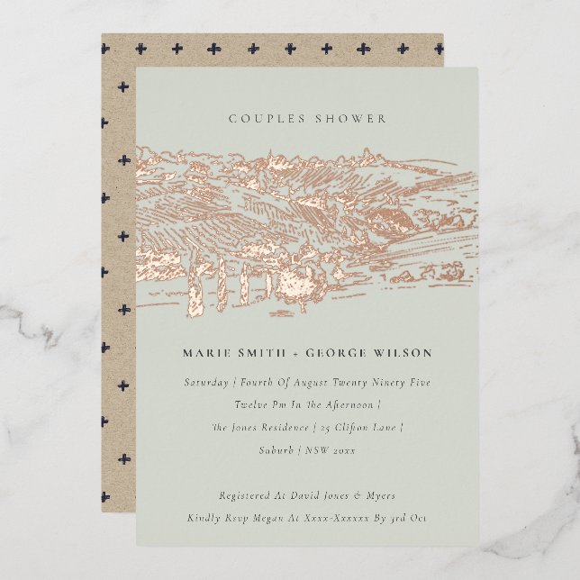 Invitation En Aluminium Saga Green Rose Gold Winery Sketch Couples Douche (Recto/Verso)