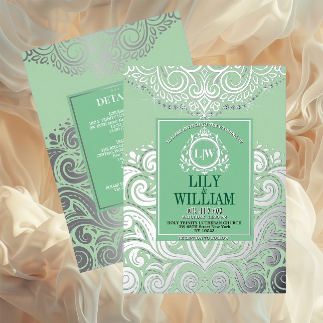 Invitation En Aluminium Sage Elegant Artdeco Diamond Monogram Mariage (Luxurious Elegant Classic Boho Wedding Invitation - Real Foil and Monogram)