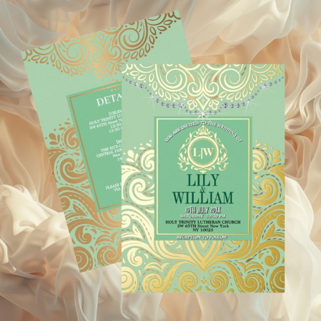 Invitation En Aluminium Sage Elegant Artdeco Diamond Monogramme Mariage Or (Luxurious Elegant Classic Boho Wedding Invitation - Real Foil and Monogram)