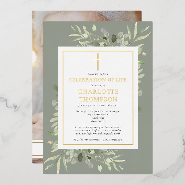 Invitation En Aluminium Sage Foliage Christian Celebration of Life Photo (Recto/Verso)