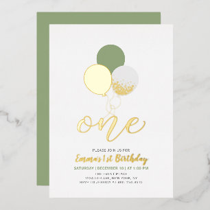 Invitation En Aluminium Sage & Gold Balloons   Un 1er anniversaire pour fi