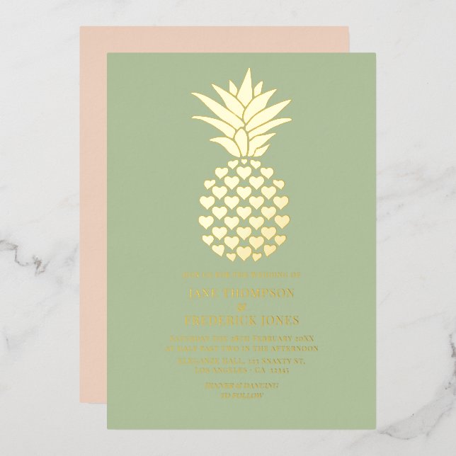 Invitation En Aluminium Sage & Gold Tropical Pineapple Wedding (Recto/Verso)