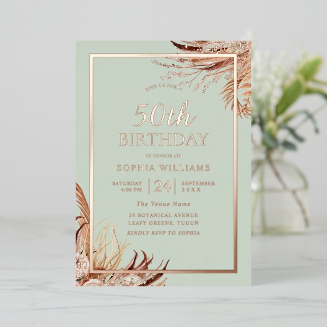 Invitation En Aluminium Sage Green Boho 50e Fête d'Anniversaire Véritable  (Debout devant)