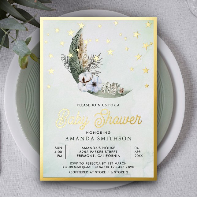 Invitation En Aluminium Sage Green Boho Floral Moon Stars Baby shower Gold (Créateur téléchargé)