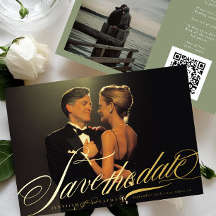 Invitation En Aluminium Sage Green Elegant Gold Calligraphie QR Code Photo