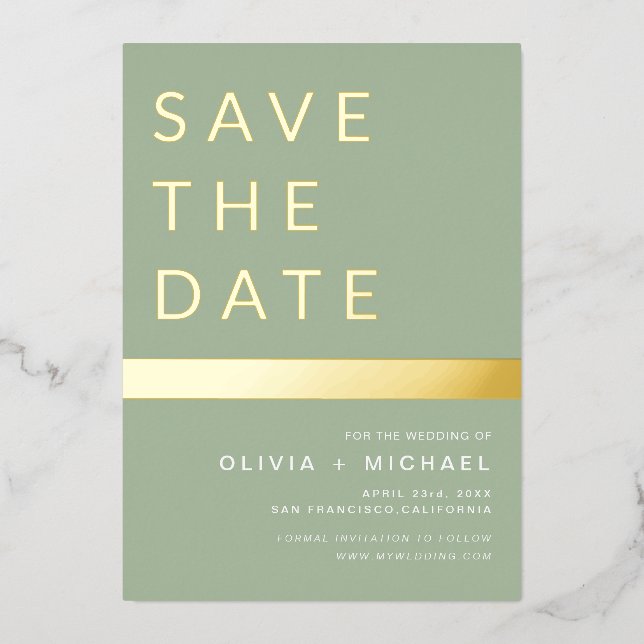 Invitation En Aluminium Sage Green Enregistrer la date Elegant Gold (Recto)
