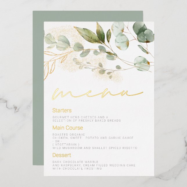 Invitation En Aluminium Sage Green Feuille Mariage Gold Foil Menu (Recto/Verso)