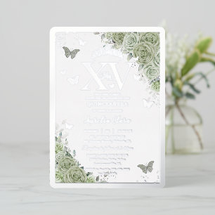 Invitation En Aluminium Sage Green Floral Quinceañera Papillons Argent