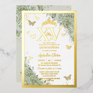 Invitation En Aluminium Sage Green Floral Quinceañera Papillons XV Or