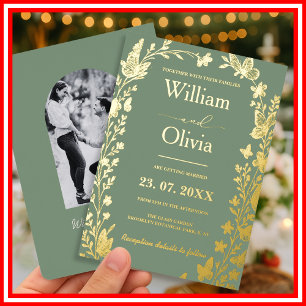 Invitation En Aluminium Sage Green Gold Boho Floral Photo Mariage Foil Inv