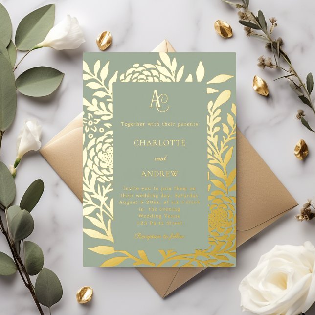 Invitation En Aluminium Sage green gold botanical monogram luxury wedding (Créateur téléchargé)