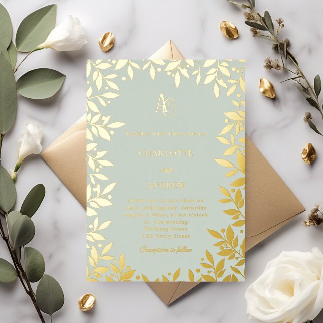Invitation En Aluminium Sage green gold botanical monogram luxury wedding (Créateur téléchargé)