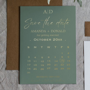 Invitation En Aluminium Sage Green Gold Calendrier Mariage Enregistrer la 