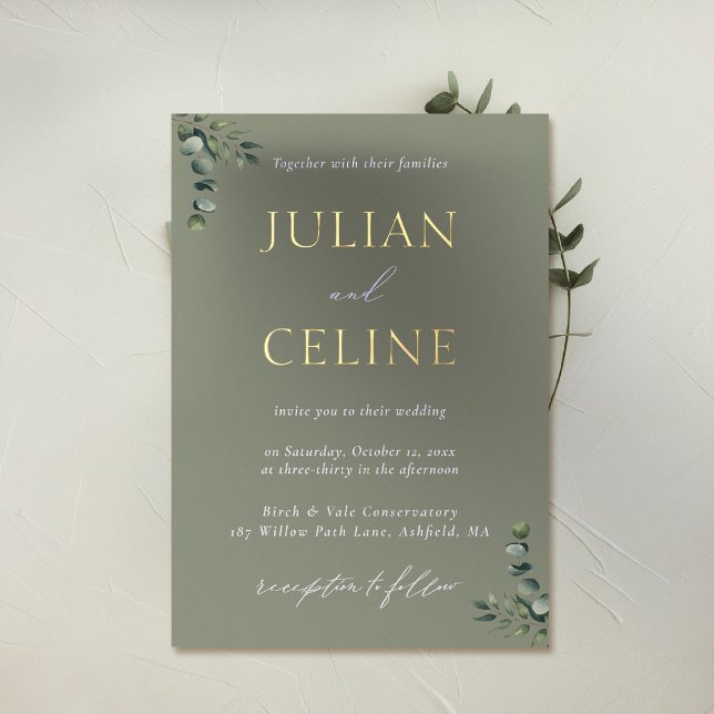 Invitation En Aluminium Sage Green Gold Eucalyptus Mariage or vert (sage green wedding invitation gold foil eucalyptus greenery modern classic simple clean elegant)