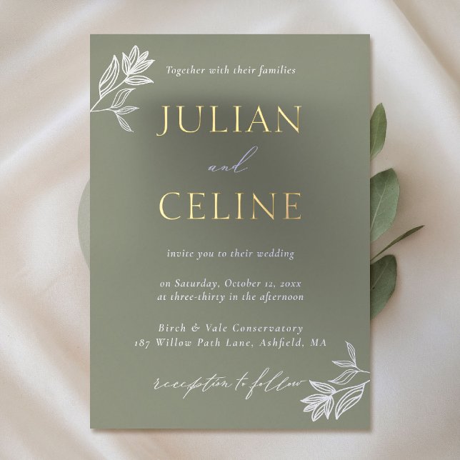 Invitation En Aluminium Sage Green Gold Minimal White Green Mariage (sage green wedding invitation gold foil minimal white greenery modern classic simple elegant)