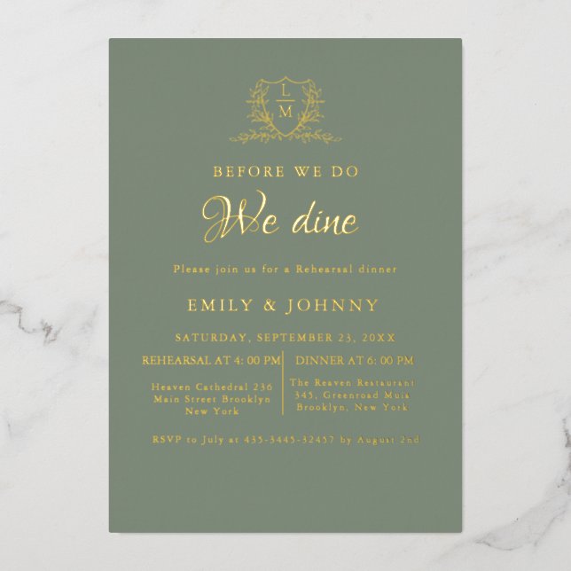 Invitation En Aluminium Sage Green & gold Wedding Rehearsal dinner (Recto)