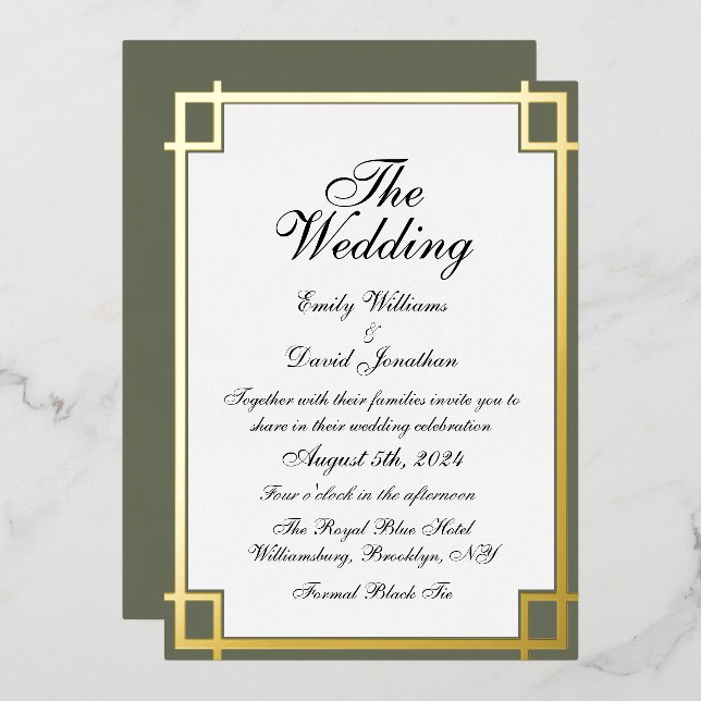 Invitation En Aluminium Sage Green Golden Classic Mariage (Recto/Verso)