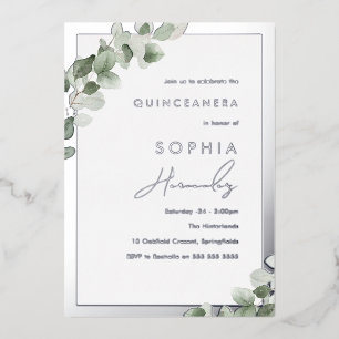 Invitation En Aluminium Sage Green Leaf & Silver Elegant Quinceanera Party