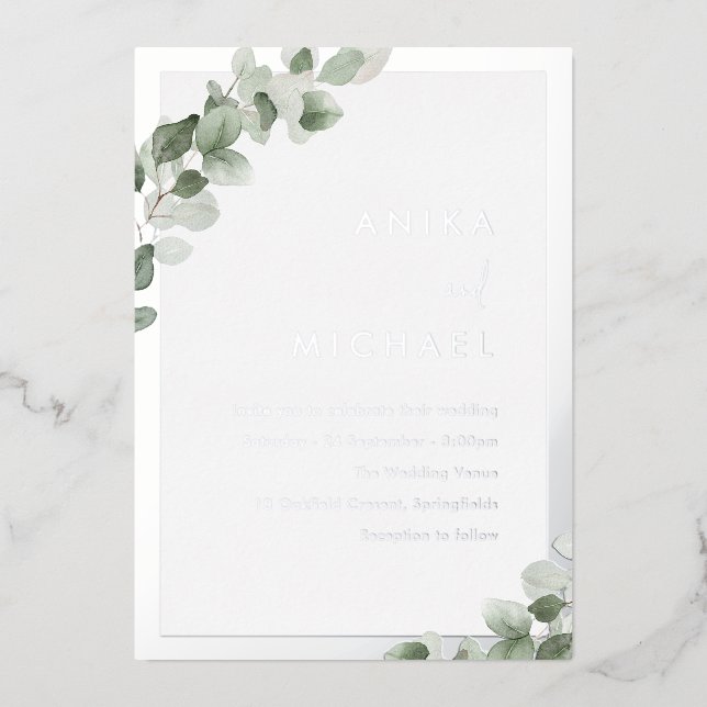 Invitation En Aluminium Sage Green Leaf & Silver Mariage élégant (Recto)