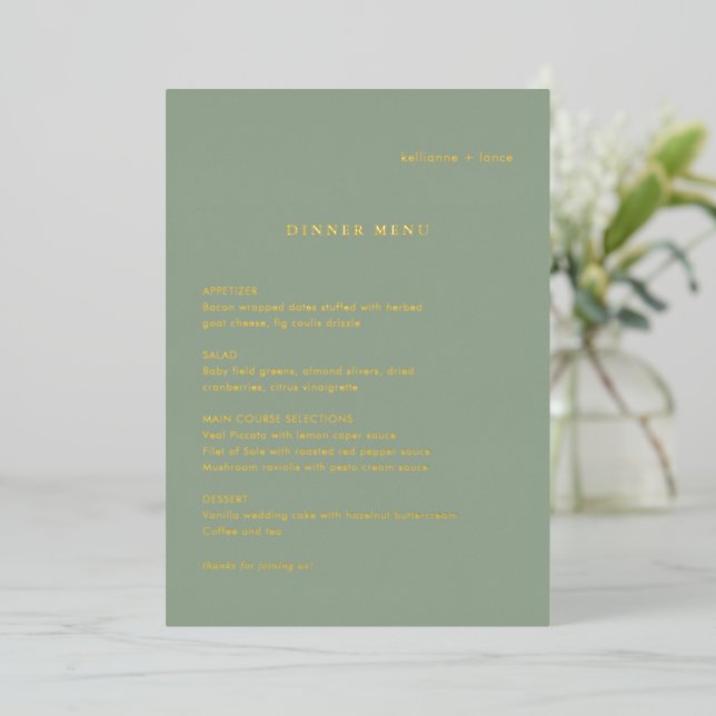 Invitation En Aluminium Sage Green Simple Modern Wedding Foil Menu (Debout devant)