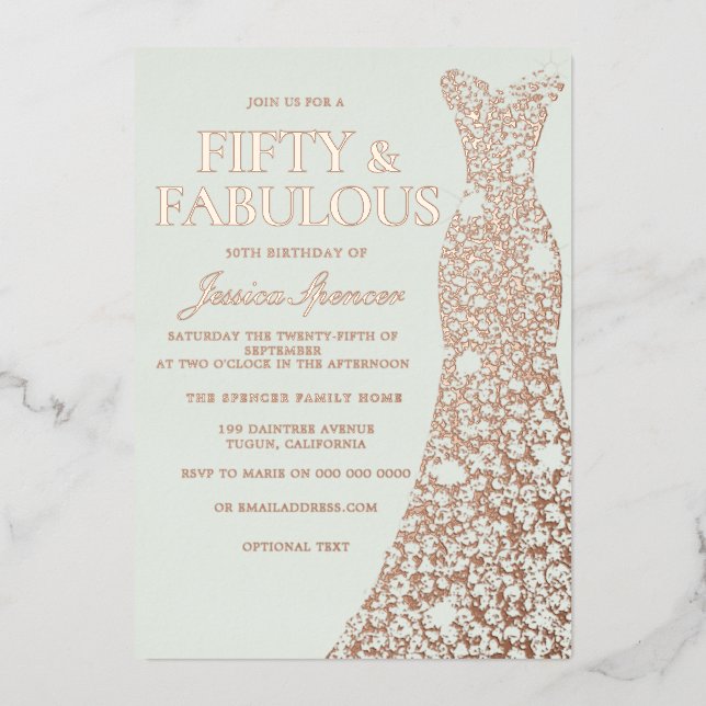 Invitation En Aluminium Sage Green Véritable Rose Robe d'or 50e anniversai (Recto)