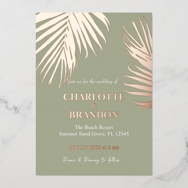 Invitation En Aluminium Sage Tropical Palm Leaf Mariage Gold (Recto)