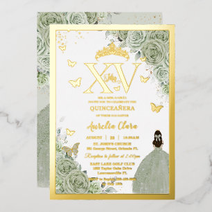 Invitation En Aluminium Sage Vert Floral Quinceañera Quince 15 XV Or