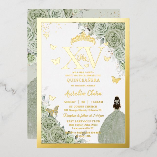 Invitation En Aluminium Sage Vert Floral Quinceañera Quince 15 XV Or (Recto/Verso)