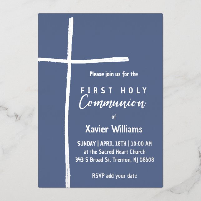 Invitation En Aluminium Sainte Croix Bleue Argent Première Communion Saint (Recto)