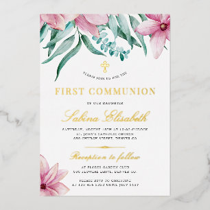 Invitation En Aluminium Sainte première communion fleurie rose or élégant