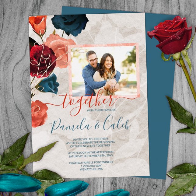Invitation En Aluminium Sangria Rouge Turquoise Rose Feuilles d'or Mariage (summer sangria burgundy red teal green garden botanical wedding invitations gold foil leaves)