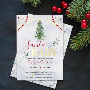 Invitation En Aluminium "Santa Baby" Arbre de Noël Aquarelle Baby Shower