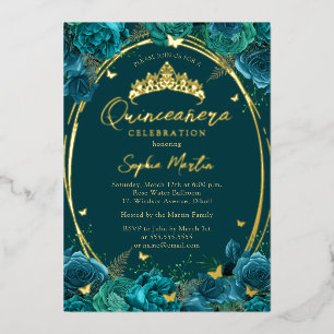 Invitation En Aluminium Sarcelle Or Captivant Papillon Floral Quinceanera