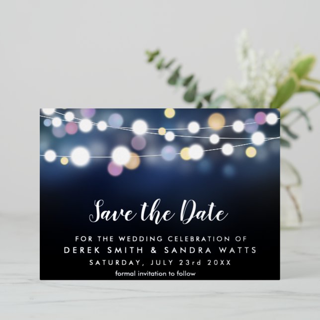 Invitation En Aluminium Sauvegarder la date lumières vives (Debout devant)