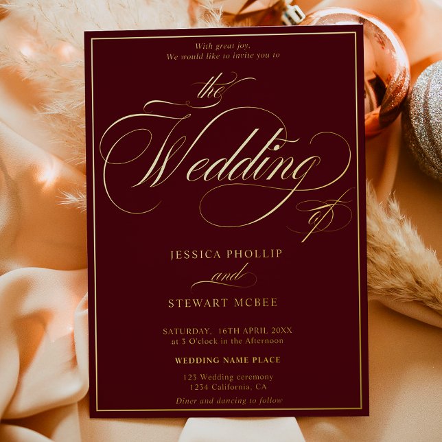 Invitation En Aluminium Scénario photo Bourgogne bordure or mariage (Burgundy photo script border wedding gold foil invitation)